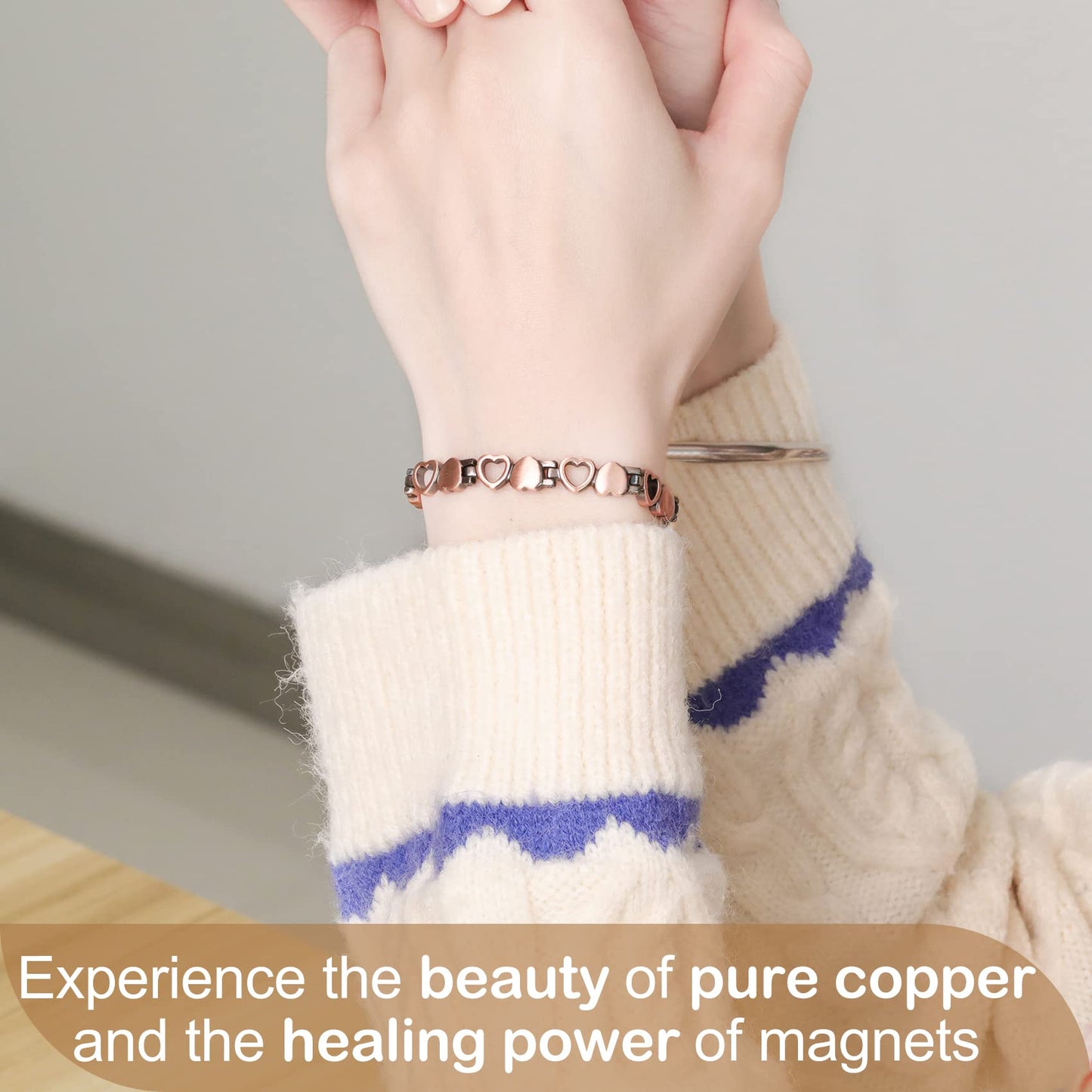 Feraco Copper Bracelet for Women 99.99% Solid Copper Magnetic Bracelets, Unique X Shape Links, Magnetic Field Therapy Jewelry Gifts (Heart Shape with Ring)