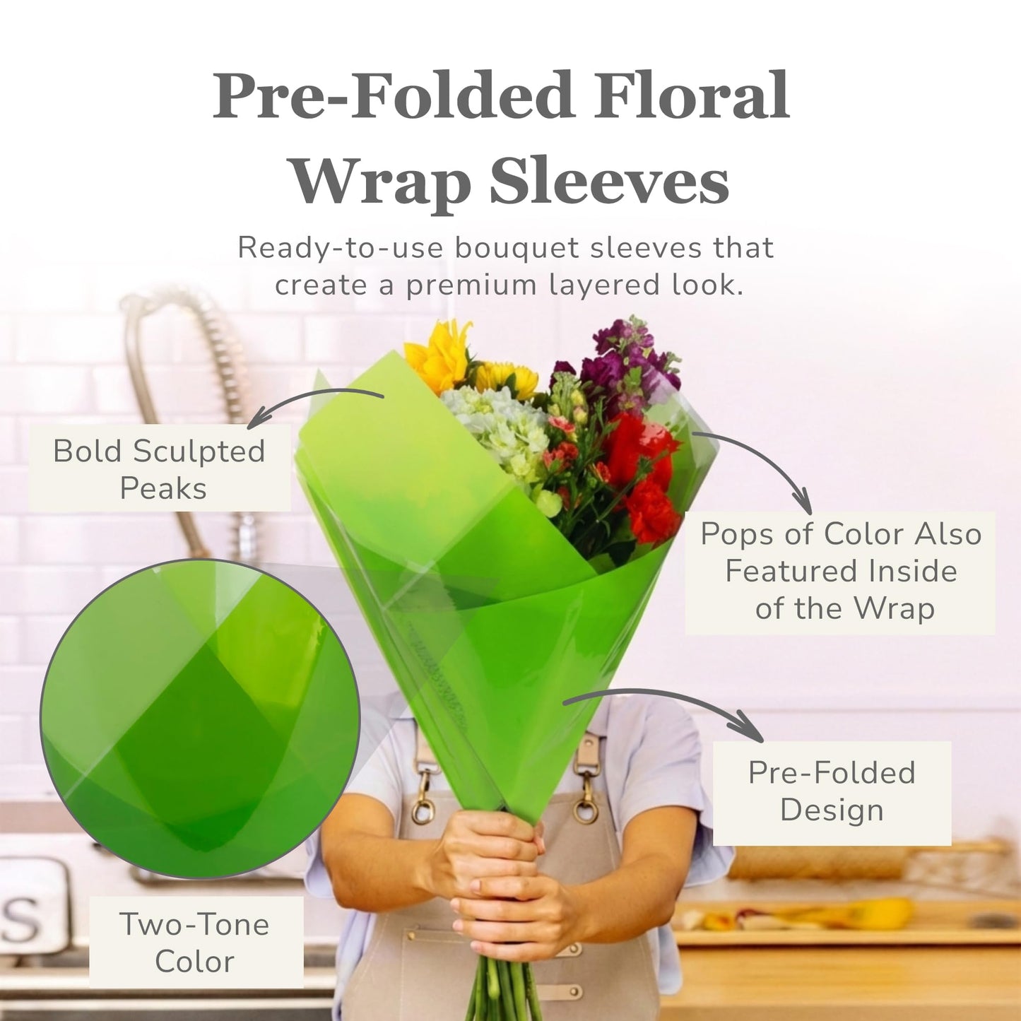 the florist Supply Candy Prefold 20 Pack, 20 x 2.5 x 18 Inch Flower Bouquet Wrapping Paper, Waterproof Floral Paper Sleeves, Gift-Ready for Wedding, Birthday, Holiday - Green