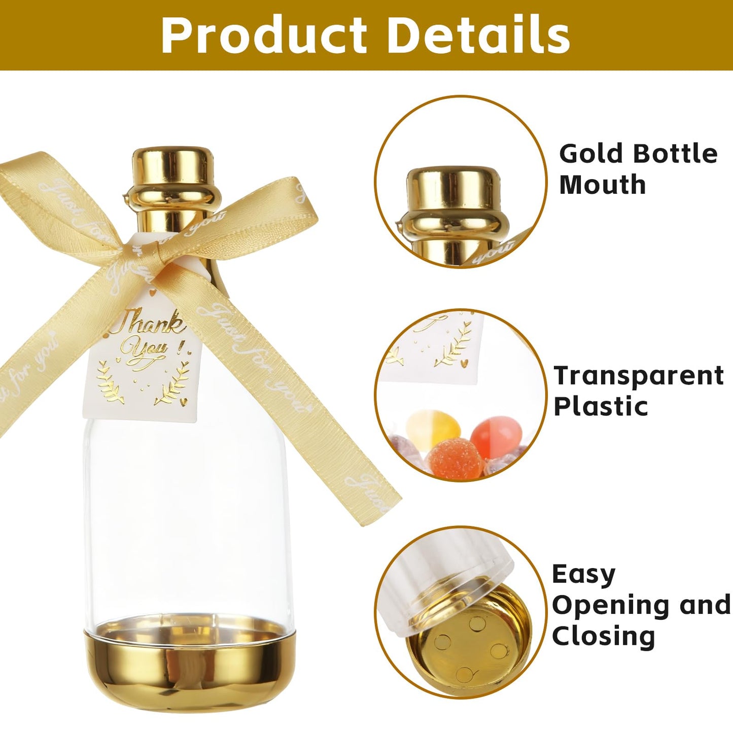 LOLYSIC 36PCS Mini Champagne Bottle Candy Container Shaped Jars Gold Plastic DIY Favor Candy Bottle Wedding Party Favor Containers, Comes with Card and Bow Ribbon