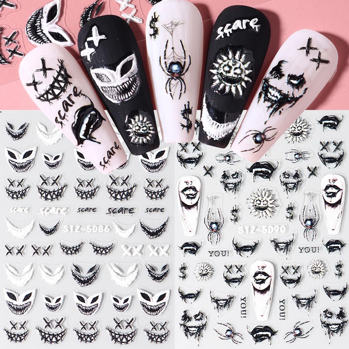 8 Sheets 5D Halloween Nail Stickers Horror Gothic Nail Decals Punk Nail Supplies Embossed Skull Clown Evil Eyes Lip Wing Bone Ghost Spider Web Halloween for Nail Art Stickers Women DIY Nail Decor