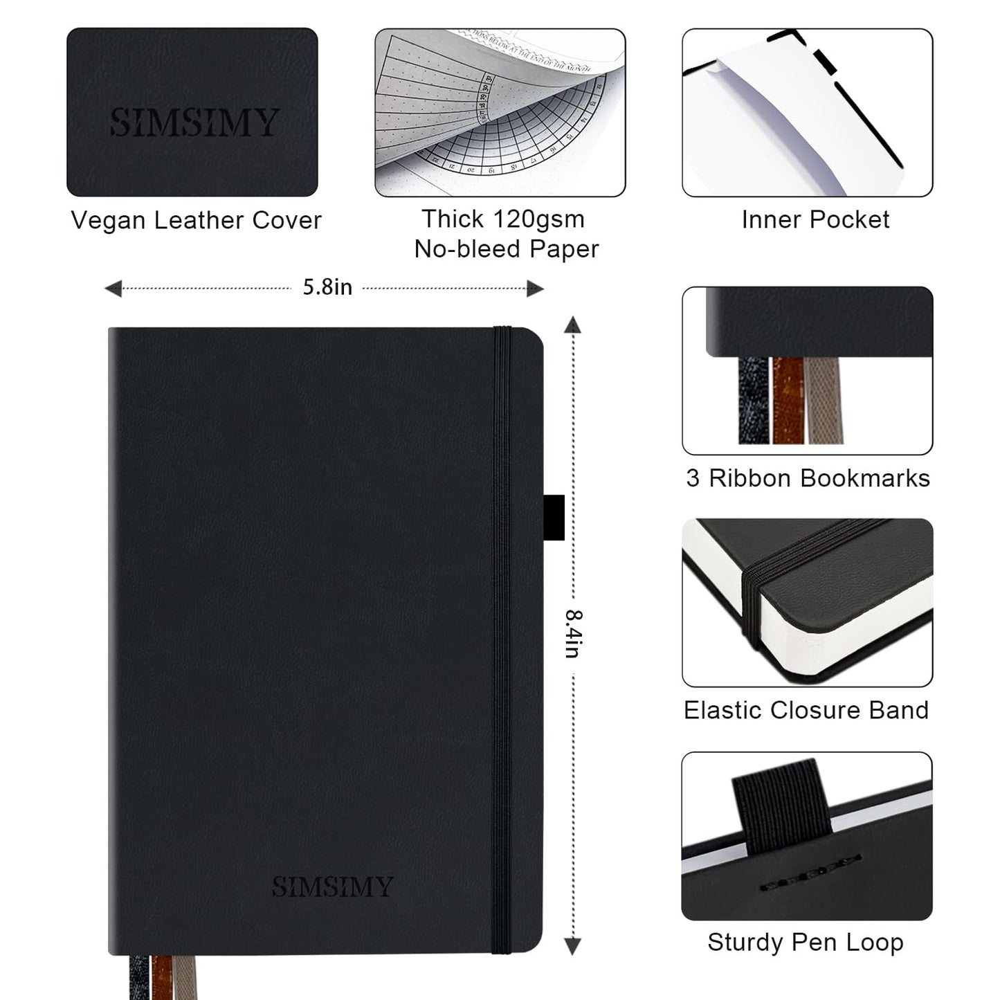 SIMSIMY Premade Dotted Journal Notebook with Bullet Templates, Pre-made Dot Grid Journaling with Undated Weekly & Monthly Planner, Various Trackers, Lasts 1 Year, A5