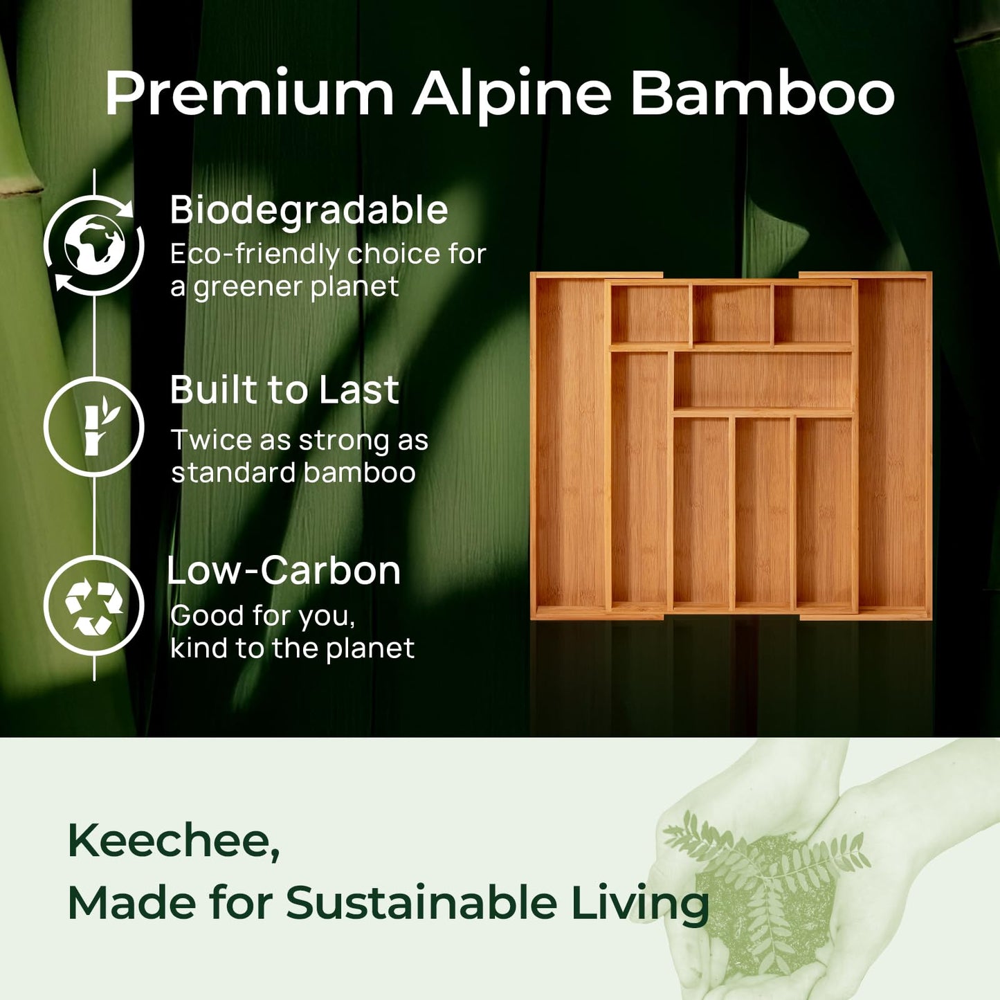 keechee Carbonized Bamboo Kitchen Drawer Organizer, 10 Slots Expandable Silverware Organizer, Utensil Holder & Cutlery Tray, 2.2" Deep for Extra Capacity, Non-Slip Feet Included