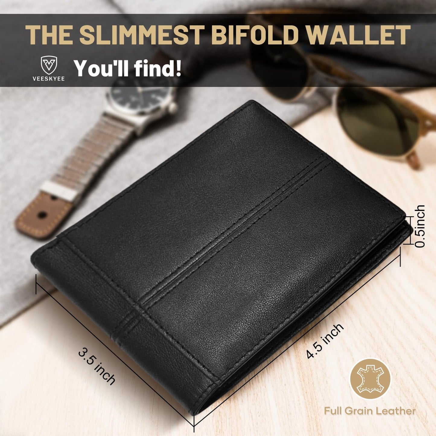 VEESKYE Full Grain Leather Wallet for Men | RFID Blocking | Extra Capacity Bifold Wallet with ID Windows | Ultra Strong Stitching | Slim Billfold with 8 Card Slots | Gift for Him Black