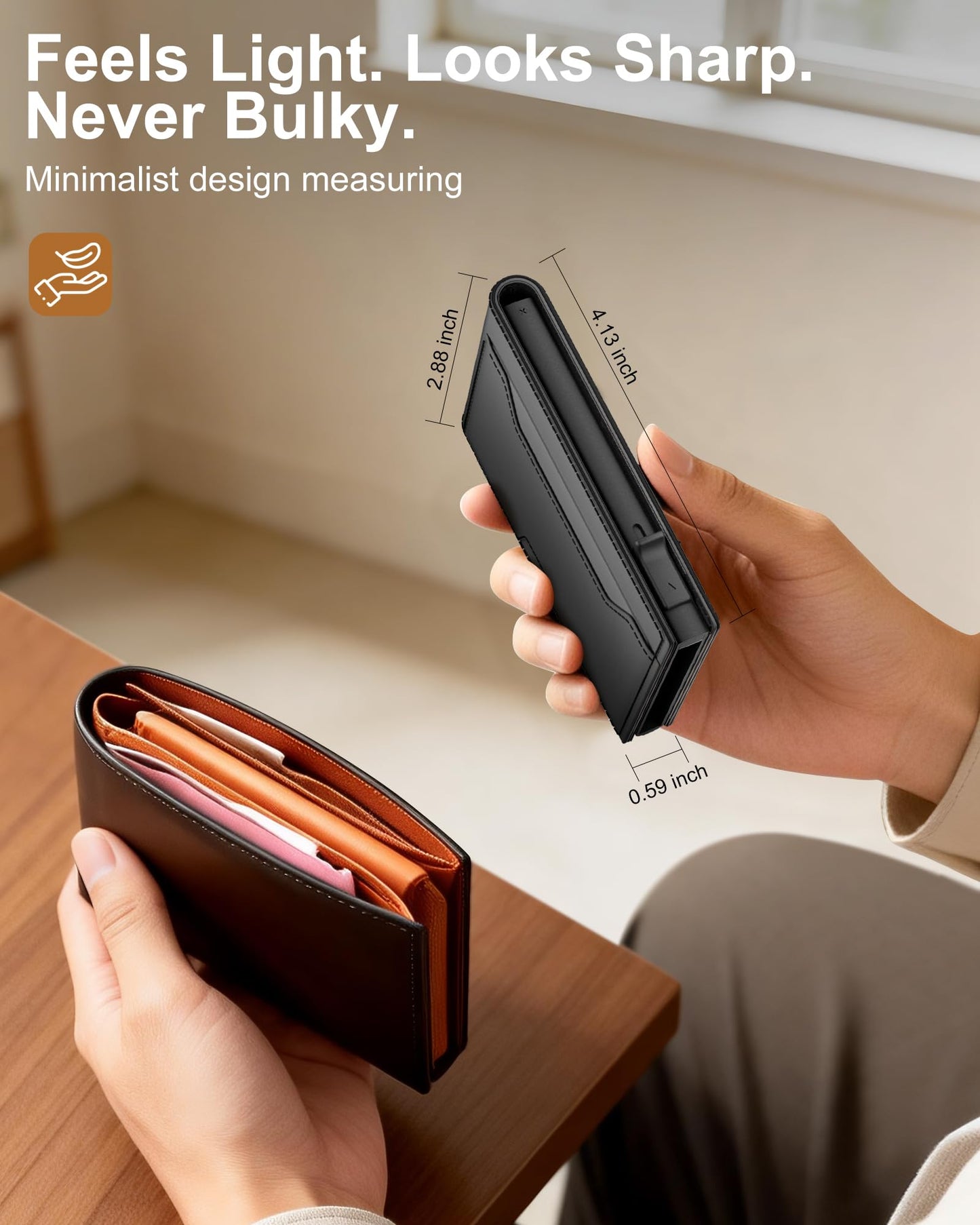 ERUSEHE Wallet for Men: Pop Up Card Case, RFID Blocking, Slim, Minimalist, Genuine Leather, Front Pocket, Smart, Thin, Compact, Magnetic Flap Closure - 2 ID Windows, Up to 12 Cards & 15 Bills (Black)