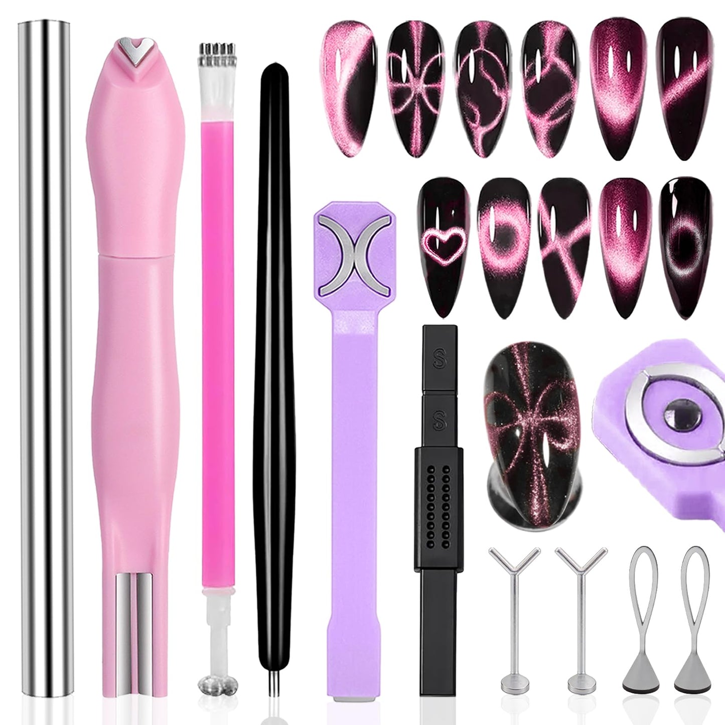 WOKOTO 6 Pcs Cat Eye Nail Art Magnet Pen Set with 4 Y/O Iron Stencils, Multi-Styled Cat Eye Magnet Tools for Heart Ring French Tip Cat Eye Nails, Beginner-Friendly DIY Nail Kit, Salon-Quality Tools