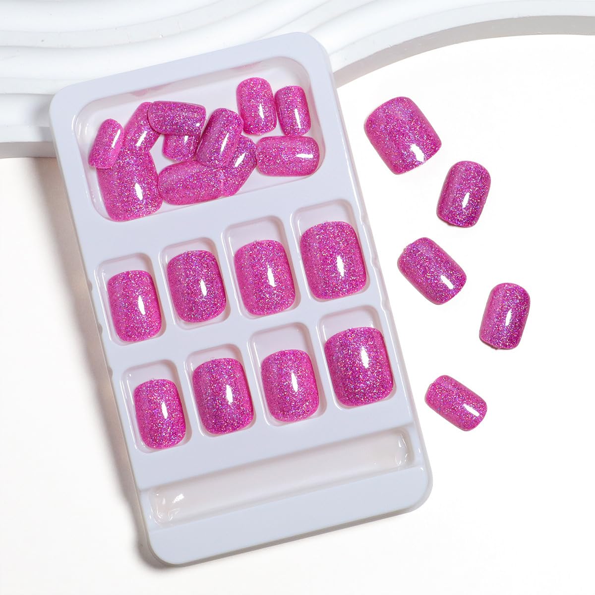 TOGZOM Pink Glitter Press On Nails Short Square Fake Nails Gel Finish Bling Acrylic Nails Kits Glossy Stick Glue on Nails Reusable Solid False Nails for Women Girl Nails Art Decoration 24Pcs, Style8