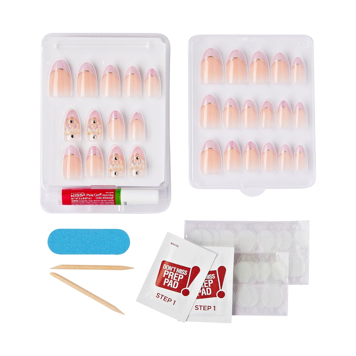 KISS Majestic, Press-On Nails, Nail 2G Glue included, 'Maestro', Light Pink, Medium Size, Almond Shape, Includes 30 Nails, 2 Manicure Stick, 1 Mini File, 2 Prep Pad, 2 Adhesive Tabs, Instruction Sheet