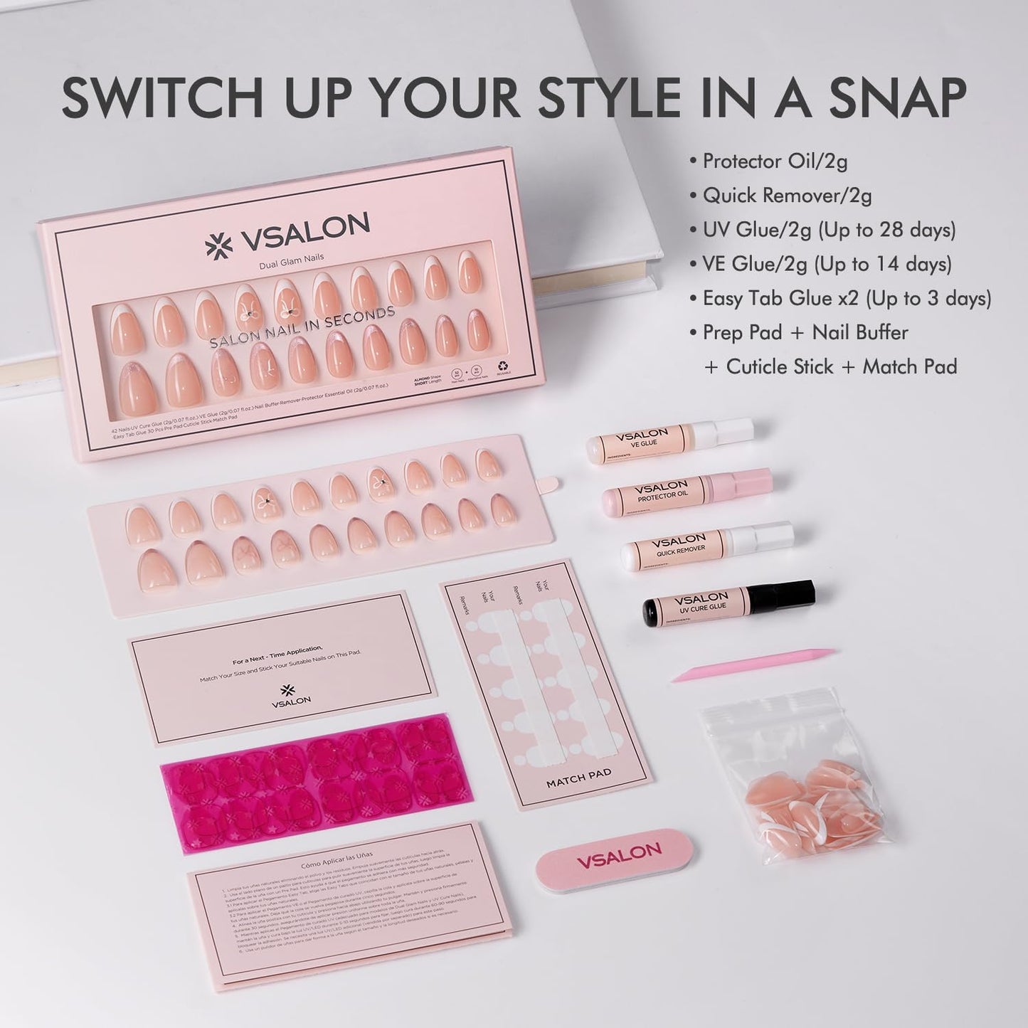 VSALON Short Almond Press-On Nails - 32 PCS French Tip Main Nails in 16 Sizes & 10 PCS Pink Alternative Nails - Reusable Fake Nail Kit with UV Glue, Easy Tabs, Nail Glue Remover & Nail Lamp