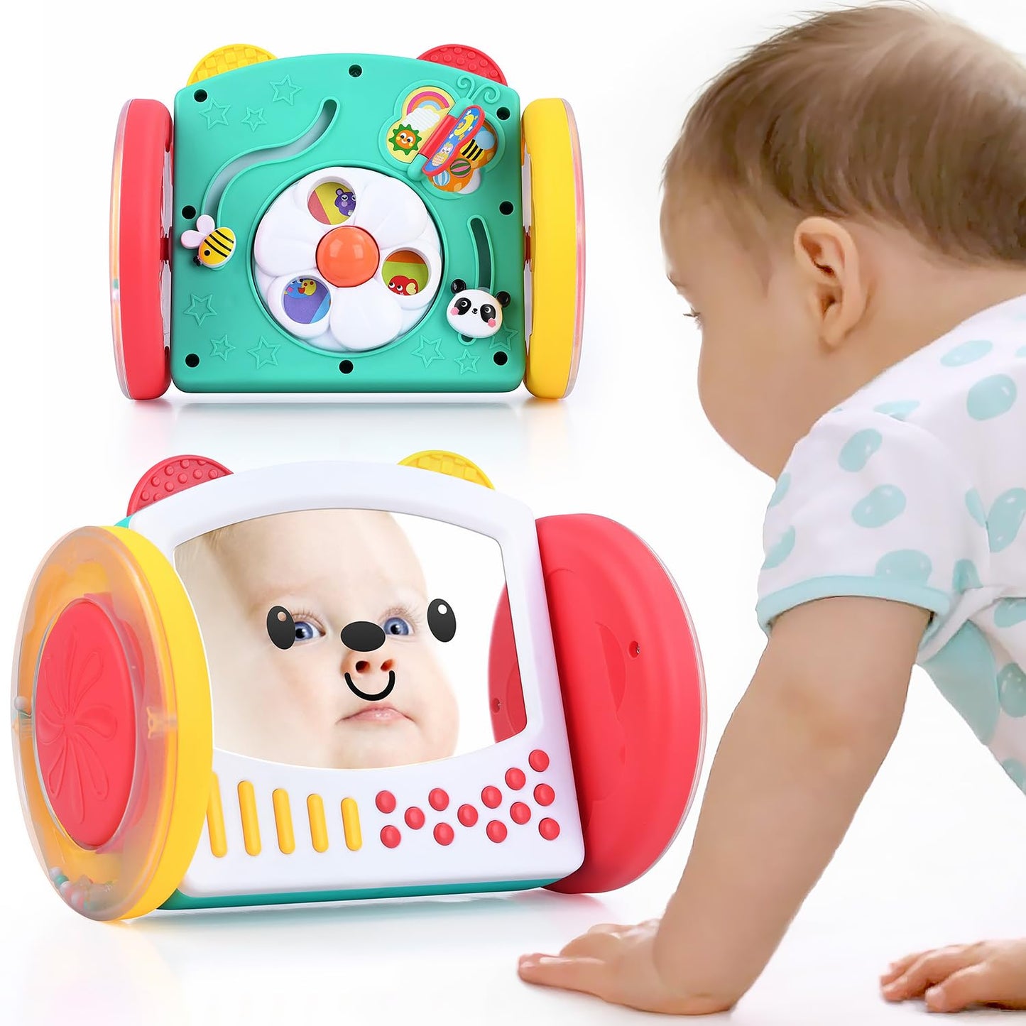 PLAY Tummy Time Toys Rolling Baby Mirror Activity Toy for Newborn 0 3 6 9 12 Months with Teethers Infant Mirror Crawling Montessori Toys for Brain Development Visual Stimulation, Double-Sided
