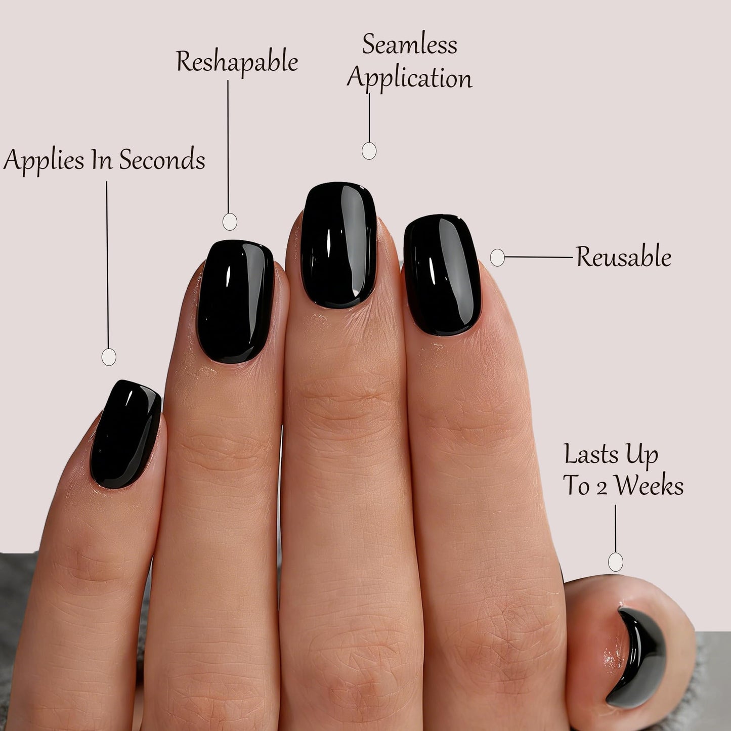 Black Press On Nails Square -Short Press On Nails with Nail Glue, Fit Perfectly & Natural Reusable Stick On Nails in 12 Sizes - 24PCS Soft Gel Glue On Nails Kit