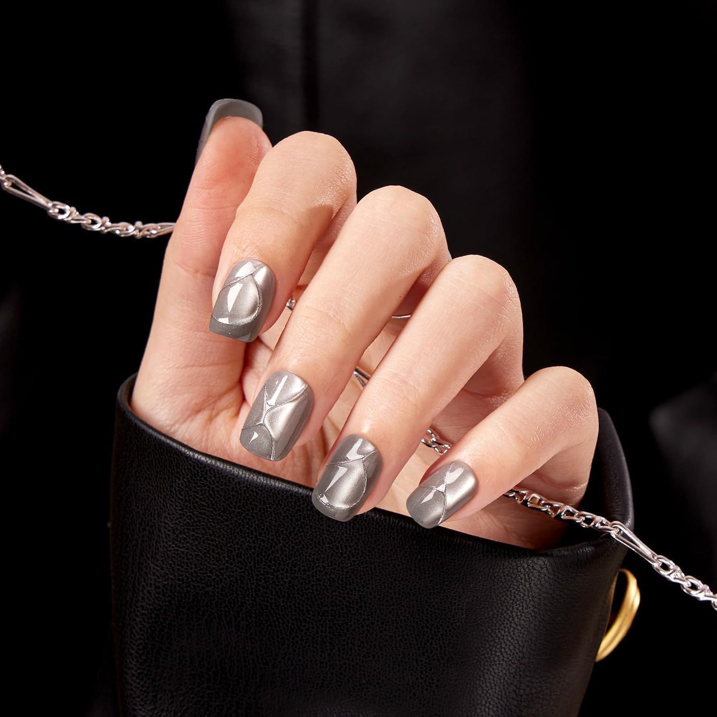 VSALON Square Short Press on Nails, Silver Gray 3D Urban Punk Style Cat Eye Nail Kit & Blue Cat Eye Mini Pack