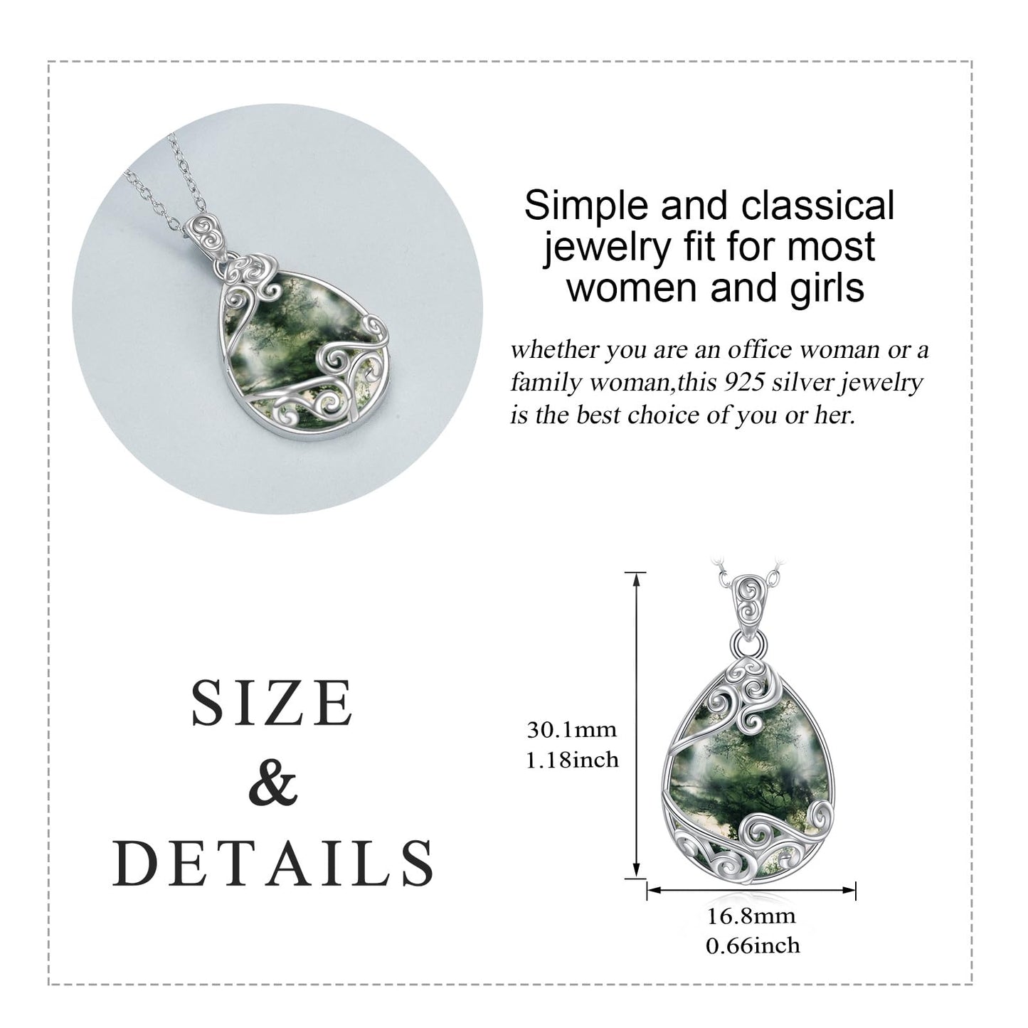 YAFEINI 925 Sterling Silver Moss Agate Necklace Filigree Teardrop Pendant Necklace Moss Agate Jewelry for Women (O-Moss Agate Filigree Necklace)