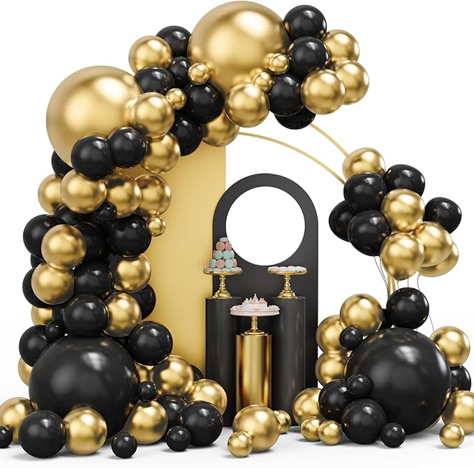 Black and Gold Balloons Garland Arch Kit, 134pcs Black and Metallic Gold Balloons with Different Size for Graduation, 2024 New Year, Birthday, Anniversary Party Decorations Supplies