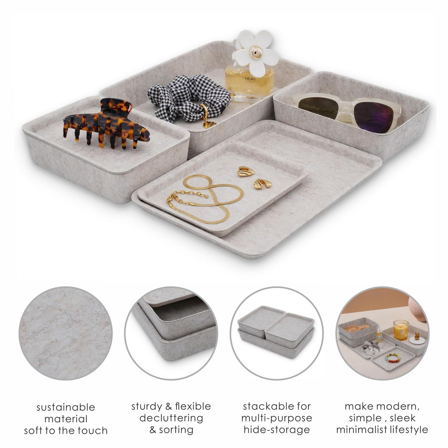 Welaxy Lidded Felt Drawer Organizer Trays with lids Desktop Organizer Bins Storage box for crafts office supplies pen notes Junk Makeup Stationery Organize 3- Pack gift idea (Oatmeal)