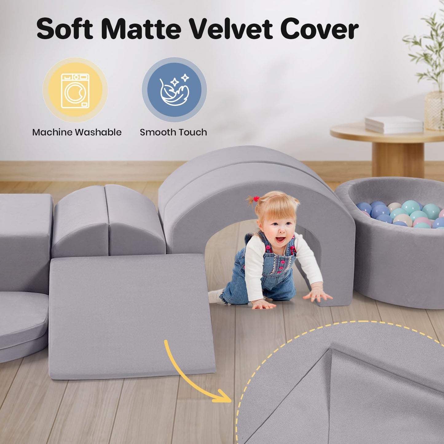 Rinnebbit 9-Piece Foam Climbing Blocks for Toddlers, Baby Climb and Crawl Soft Play Set with Ball Pit, Machine Washable Cover, Indoor Activity Play Structure, Climbing Toys for Toddlers 1-3 (Gray)