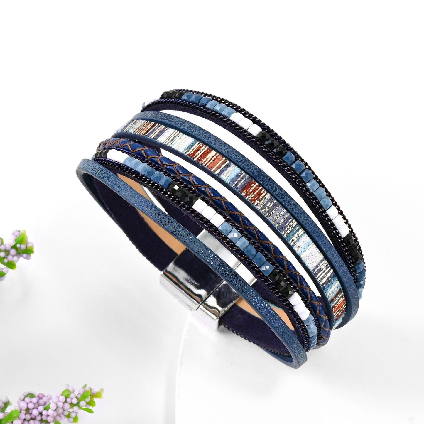 VIBILIA Boho Leather Wrap Bracelets for Women Trendy Layered Multi-Layer Bracelets with Strong Clasp Jewelry for Women-RoyalBlue