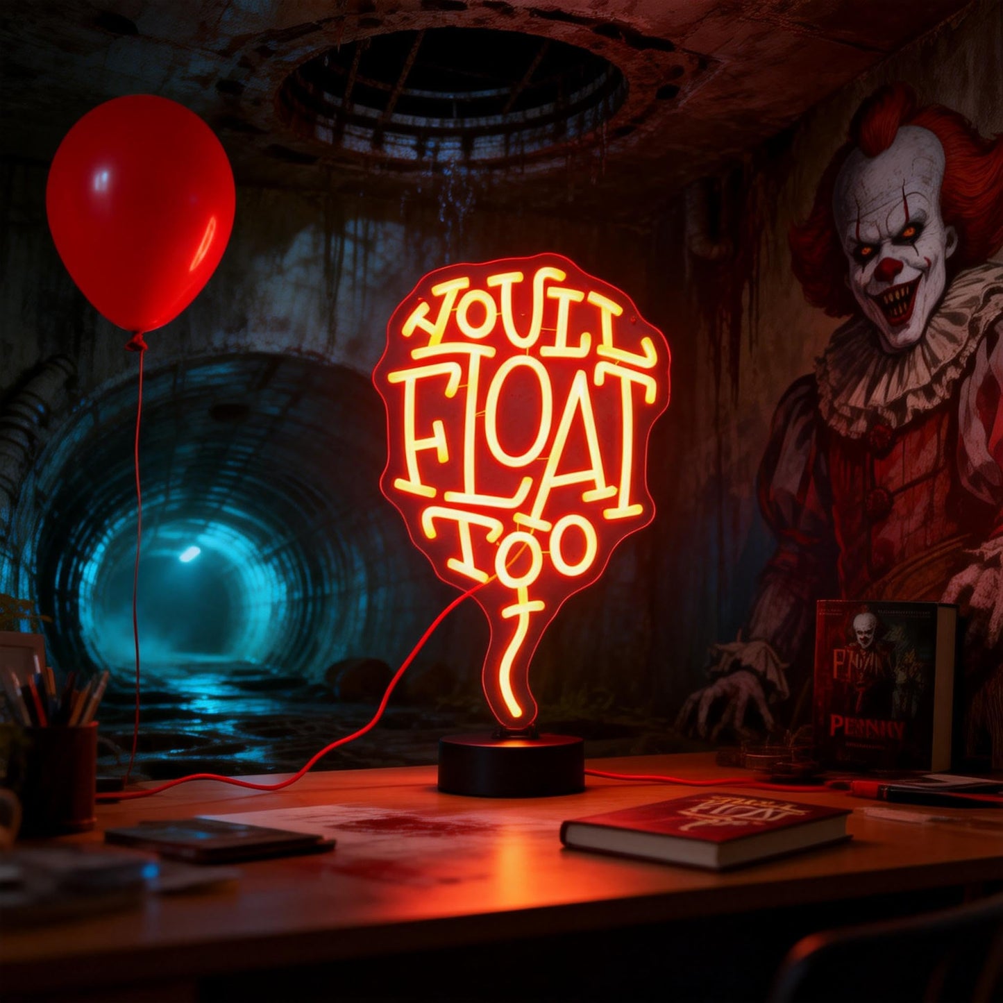 You'll Float Too Neon Sign, Dimmable LED Wall Light, USB Powered Horror Movie Decor for Gothic Room, Creepy Clown Fans, Spooky Halloween Wall Art & Scary Gift