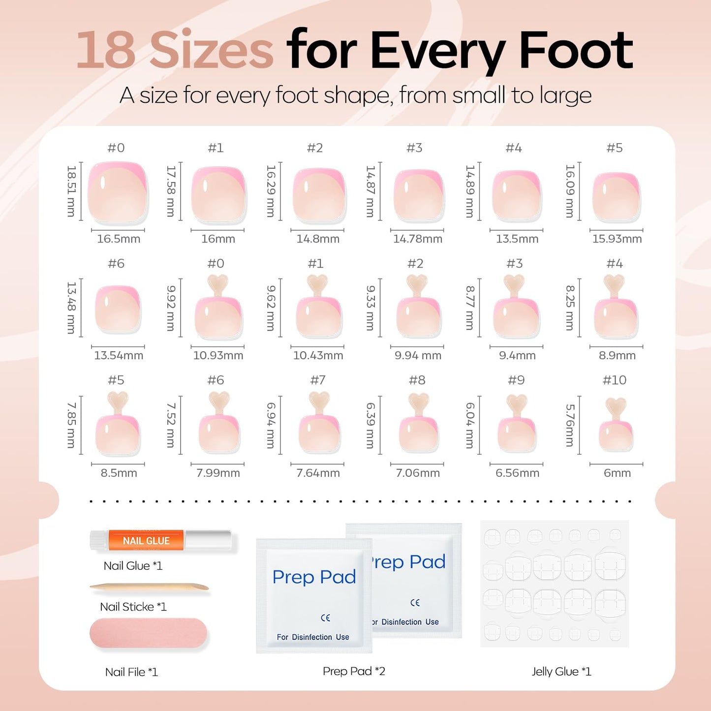 Modelones Press on Toenails Short, Hot Pink French Tip Toe Nails Square, Reusable Nail Kit with Nail Glue Adhesive Tabs Mini Nail File, Toe Nails 36Pcs 18Sizes, Summer Spring Women Girl Gift
