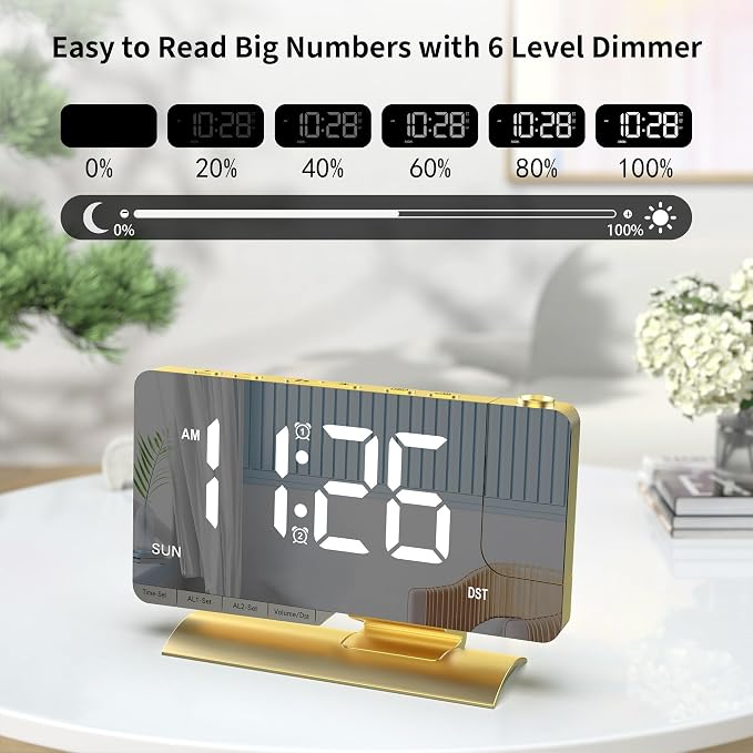 Projection Alarm Clock for Bedroom Ceiling, Gold Digital Clock Room Decor