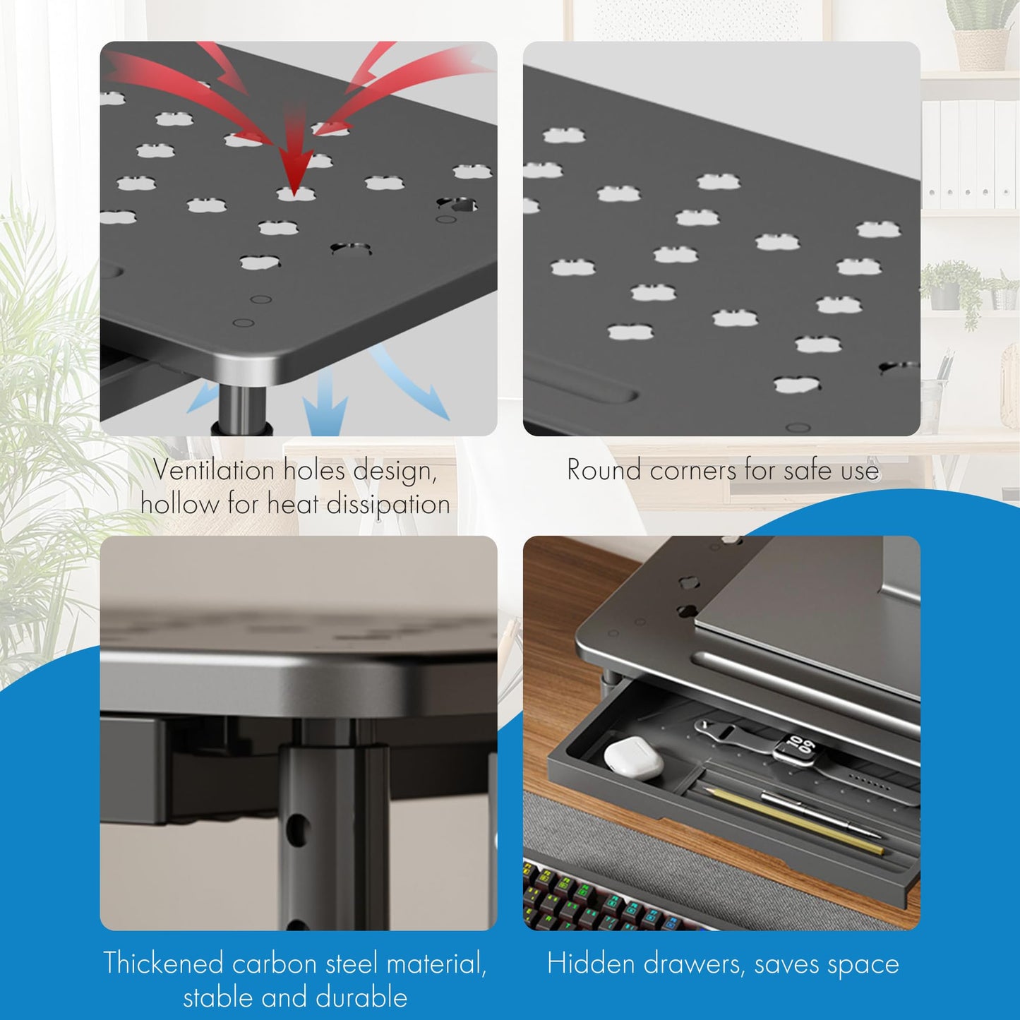 Monitor Stand Riser with Drawer - Adjustable Height (10.5-14.5cm) 3 Gears, Carbon Steel Desk Organizer for Computer/Laptop, Ventilated, Multi-Layer Storage for Office Home，pc stand (Black)