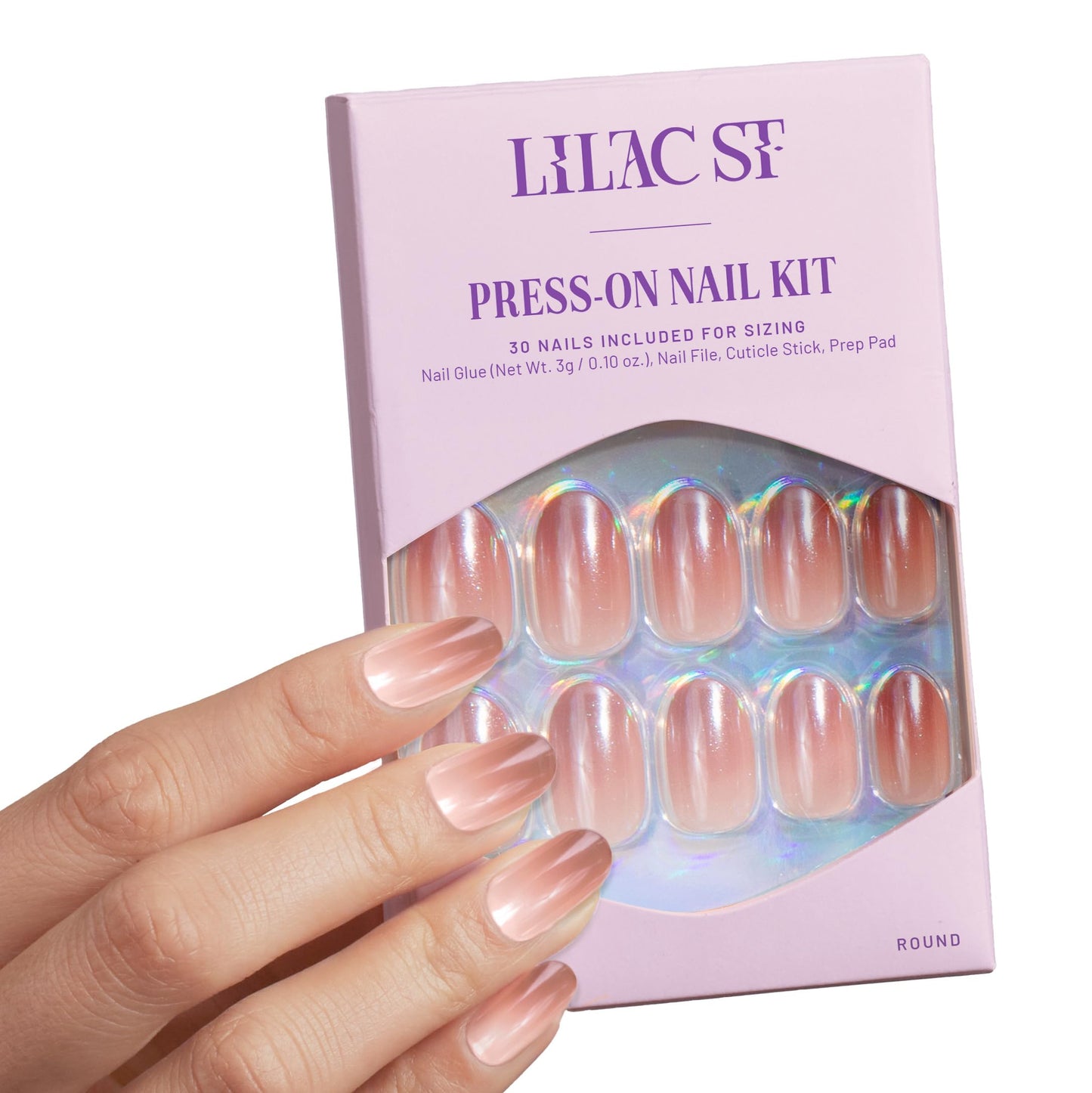 Lilac St - Press On Nails, Blush Touched (30 Nails, 15 Sizes) - Medium, Round, Pearl + Glossy, Opaque - Brush On Nail Glue, Nail File, Cuticle Stick, Prep Pad - Cruelty Free, Vegan, Women Founded