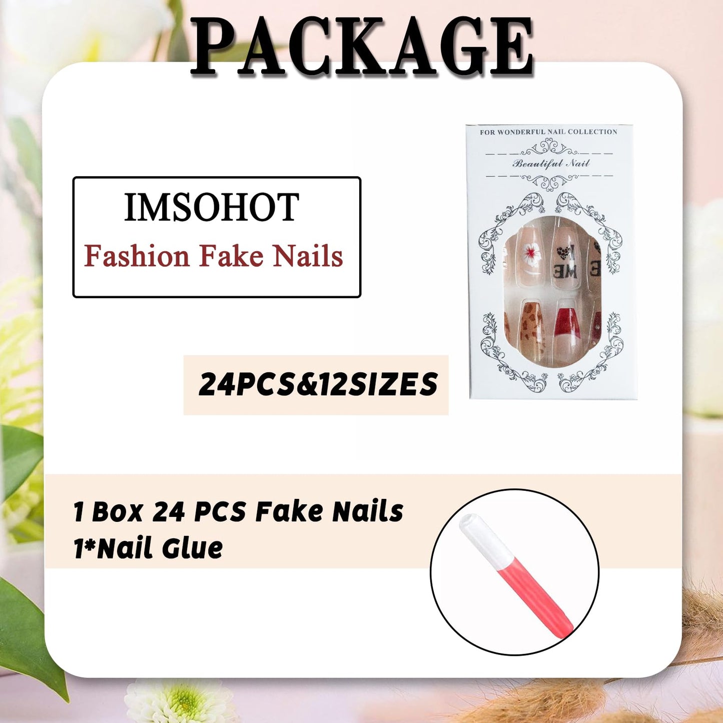IMSOHOT Press on Nails Long Coffin Fake Nails Acrylic Glue on Nails Glossy Full Cover False Nails for Women DIY Manicure 24Pcs