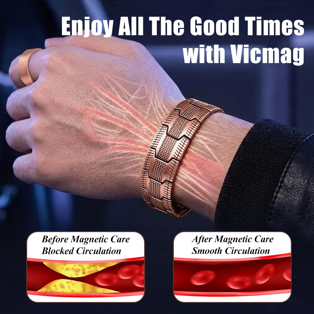 Vicmag Copper Magnetic Bracelet for Men, 3X Strength Magnets, Pure Copper Bracelet & 9X Magnet Ring Set, Adjustable Fit with Sizing Tool(Textured Copper)