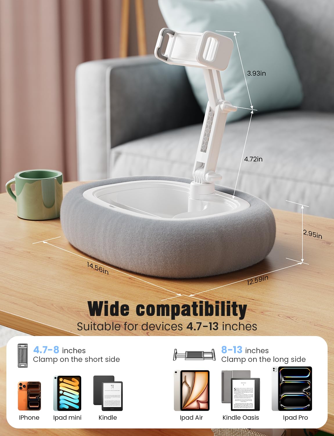 Tablet Kindle Pillow Stand Holder Free Adjustment with 3 Divided Trays Fit 4''-13'' Phone Kindle iPad Holder Stand Ultra Stable for Bed Soft Plus Fabric Dust Cover Lap Desk Kindle Accessories Gray