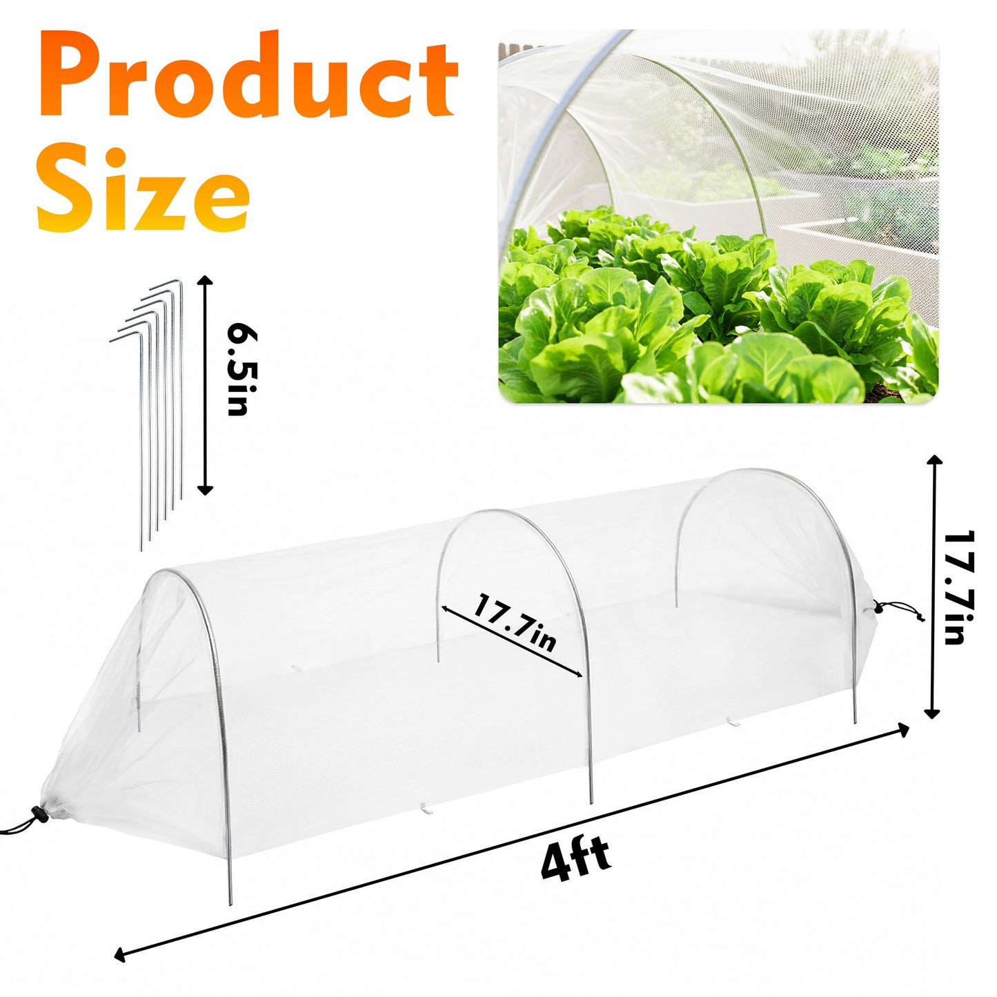 warmfarm 4ft Garden Row Accelerator Plants Cover, Pop Up Garden Bed Tunnel Net with 6 Stakes, Ready-to-Use Design Garden Beds Vegetable Rows Plant Protector for Protecting Vegetable Fruit