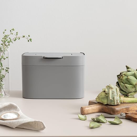 KAZAI. Compost Bin Kitchen 'Elin' | 1.2 GAL / 4.5L Countertop Compost Bin with Lid & Carbon Filter | Odor-Free, Dishwasher Safe, with Inner Bucket | Small Indoor Kitchen Composter | Stone-Gray