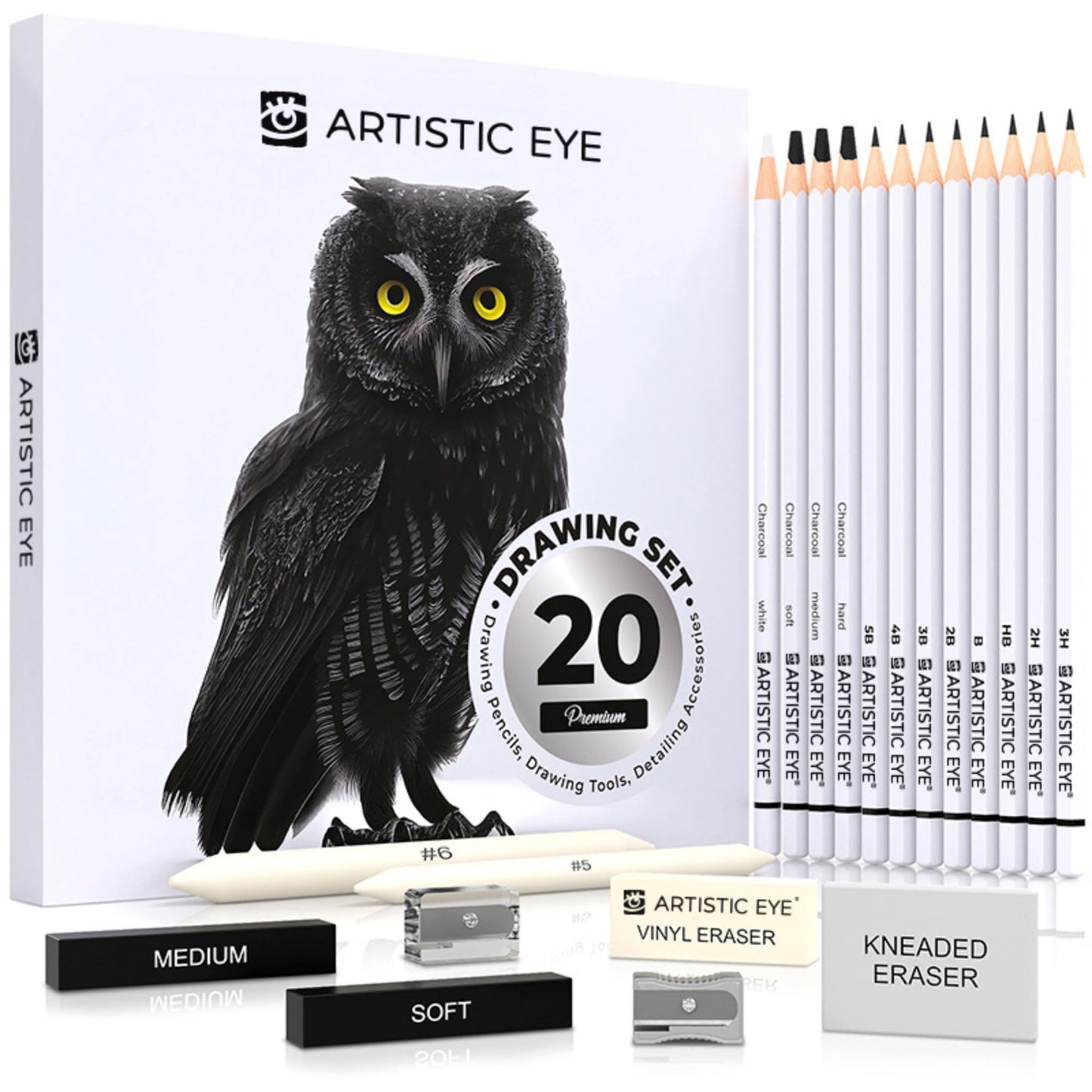 ARTISTIC EYE Premium Drawing and Sketching Pencil Art Set (20 Items): Complete Kit with Graphite Pencils, Charcoal Pencils, Sticks, Blending Stumps, Erasers, and Sharpeners