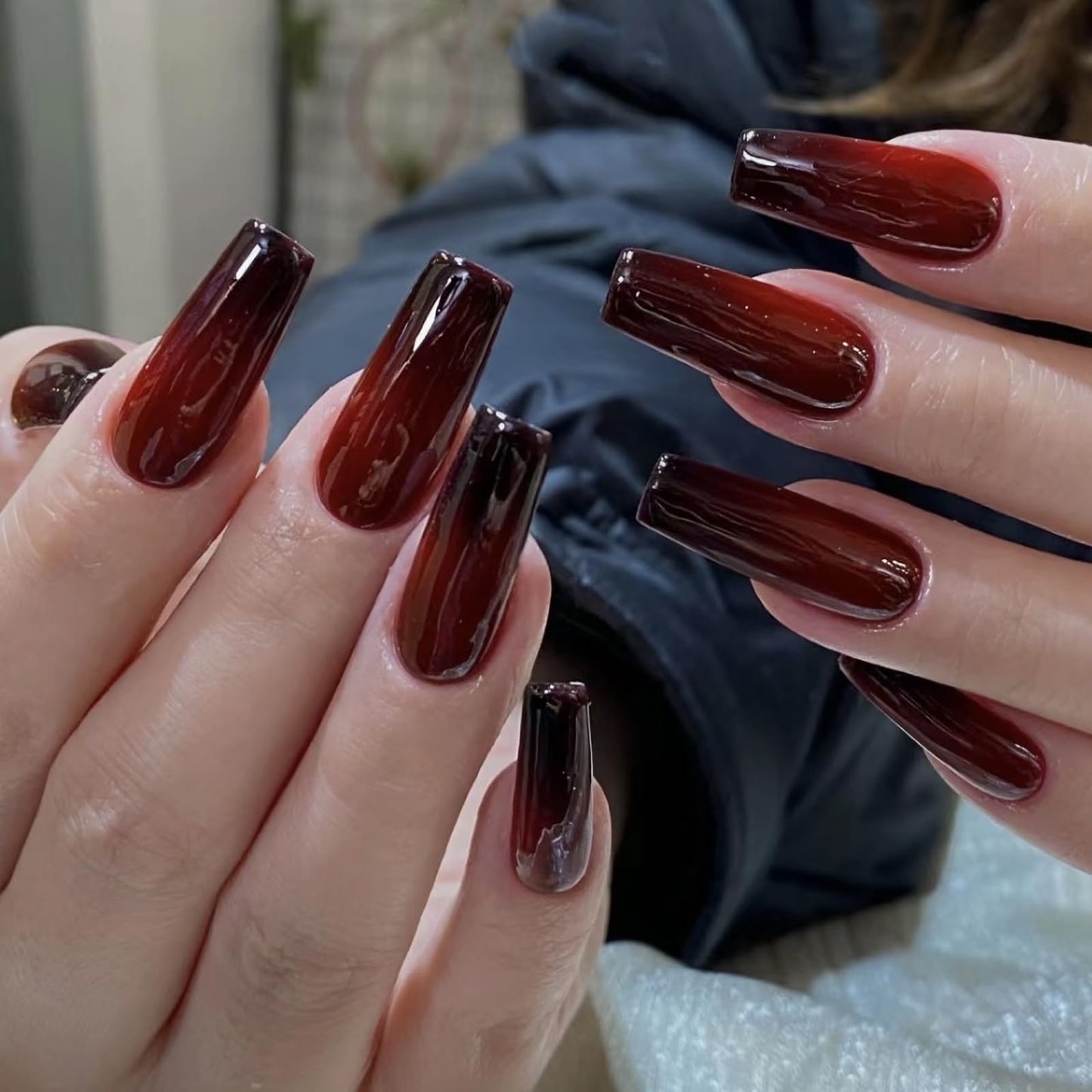 MISUD Press on Nails - Long Coffin Glue on Nails with Goth Black Red, Acrylic Gothic Vampire Design 24 pcs