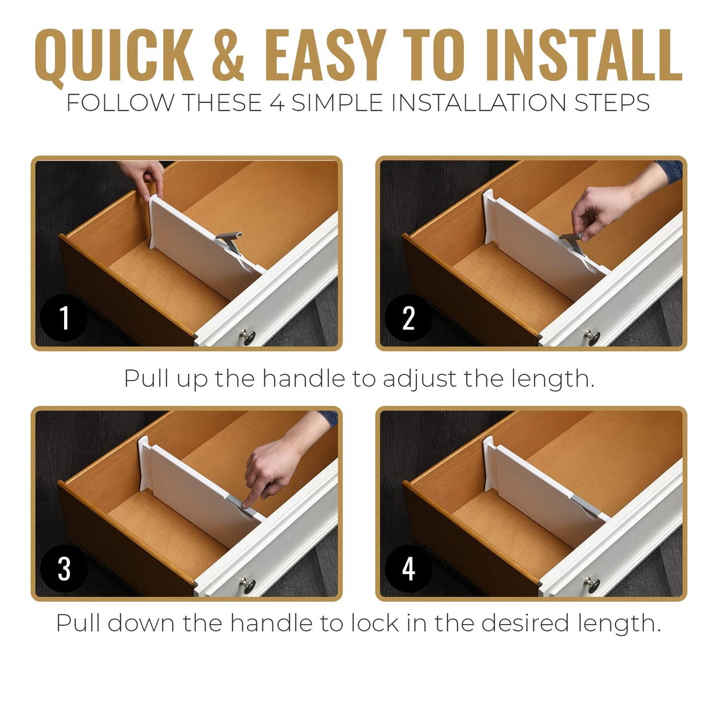 RAPTUROUS Adjustable Deep Drawer Divider – 6" Tall, Expandable 13-22", 4-Pack, Non-Slip Drawer Dividers for Clothes, Dresser, Kitchen & Office Organization (White)