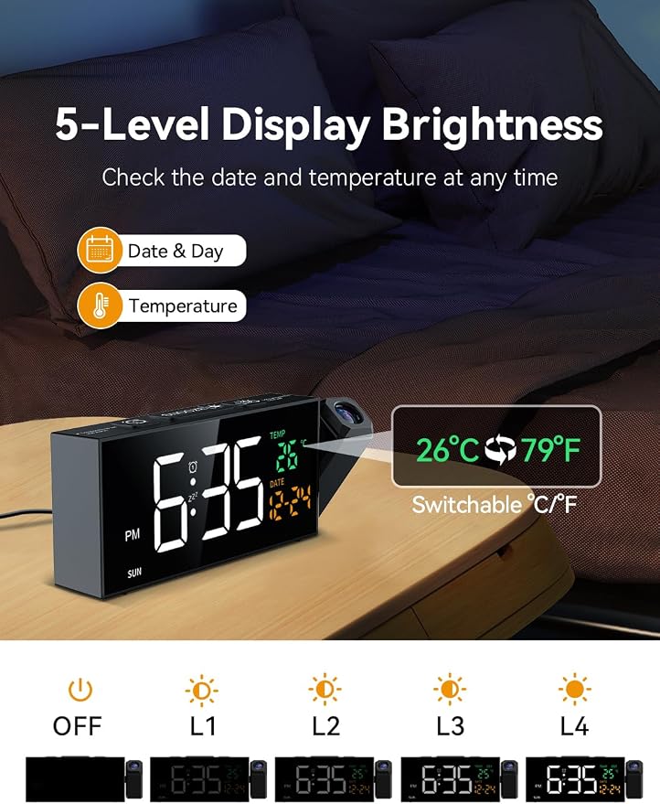 Netzu Projection Clock for Bedroom Ceiling, Alarm Clocks Black