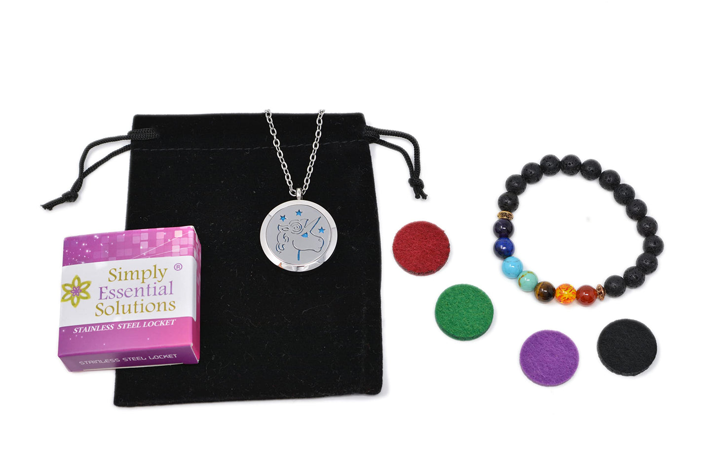 Aromatherapy Essential Oil Diffuser Stainless Steel Silver Magnetic Locket Pendant 2 Sizes Chain Necklace, Refill Pads & Diffuser Bracelet in a Velvet Bag (Unicorn)