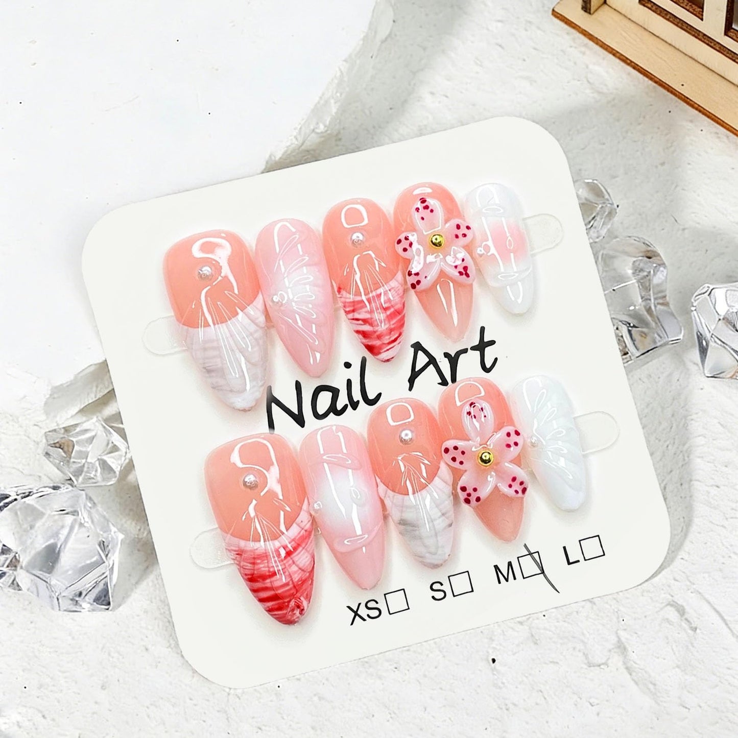 10 Pcs Handmade Press on Nails Medium Almond Fake Nails with 3D Flower French Tip Design White Acrylic False Nails Medium Almond Press Ons Nails M Size for Women Summer Manicure