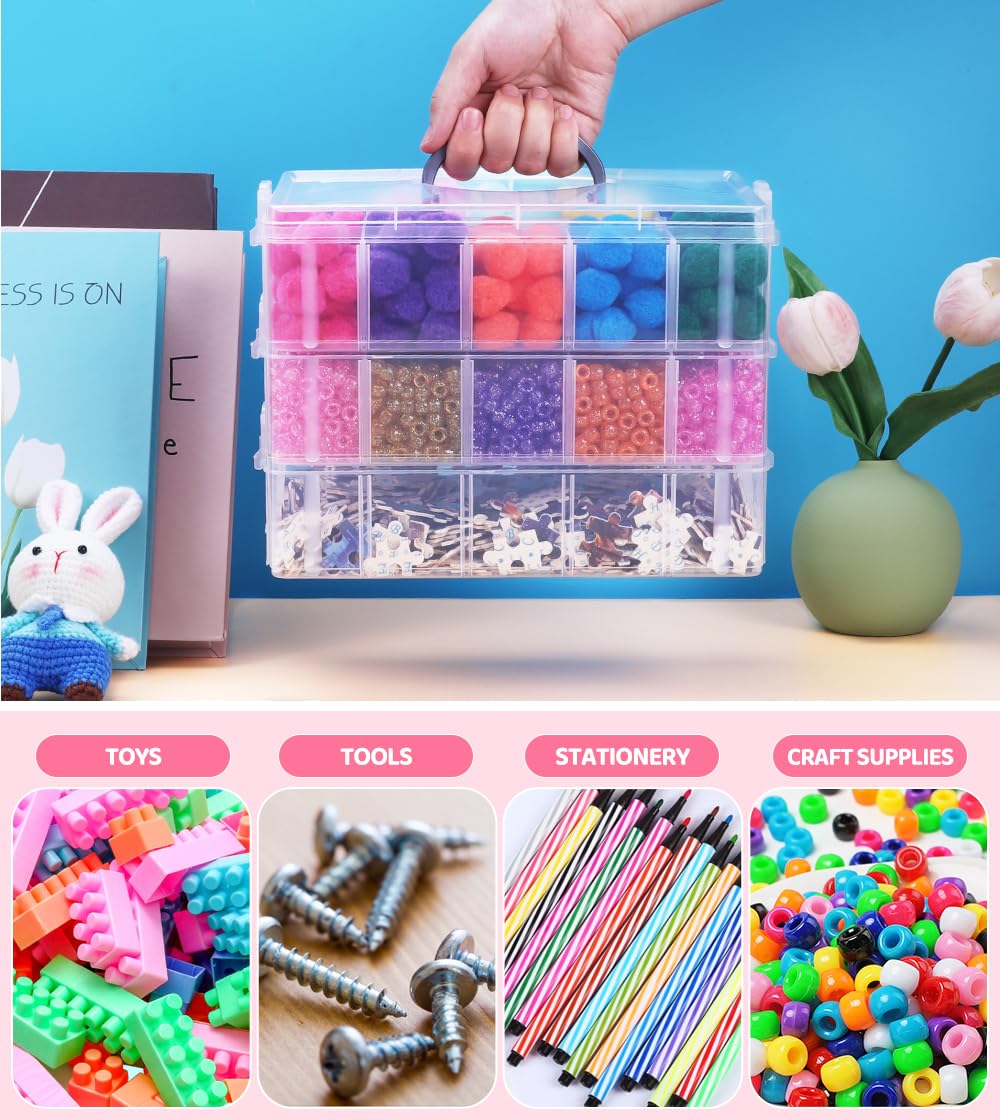 Praisebank 3-Layer Stackable Storage Container Box, 30 Dividers Compartments, Perfect for Storage Jewelry & Arts & Crafts & Sewing. (Clear)