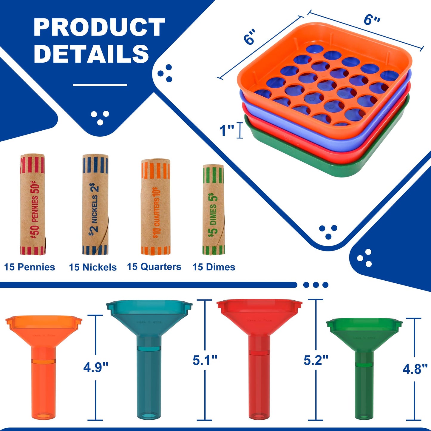 ESSENTIAL Coin Sorter Trays & Coin Counter Tubes, Coin Roller Crimping Tool with 60 Pcs Assorted Preformed Coin Wrapper Rolls