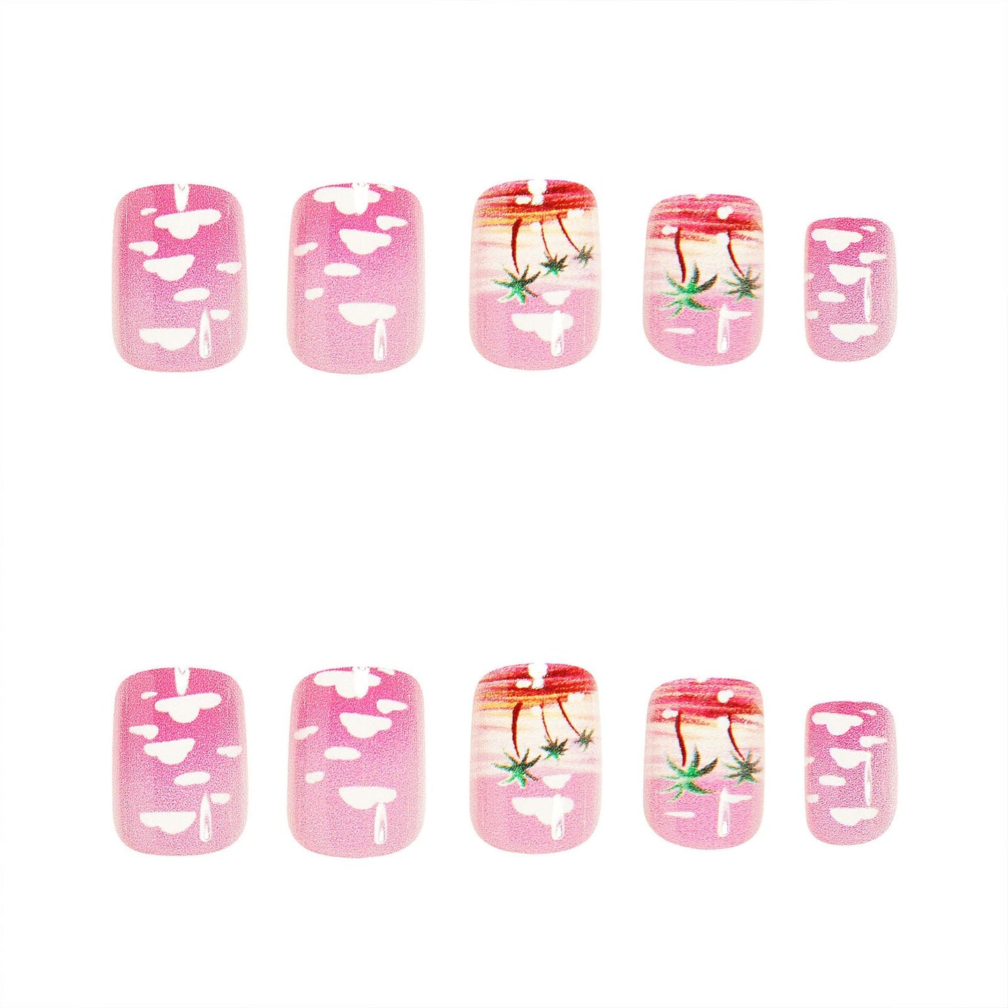 Pink Press on Nails Short Square Fake Nails with Palm Tree Designs Nails Press ons Ombre Glue on Nails Glossy Acrylic Nails Summer Stick on Nails for Women 24Pcs