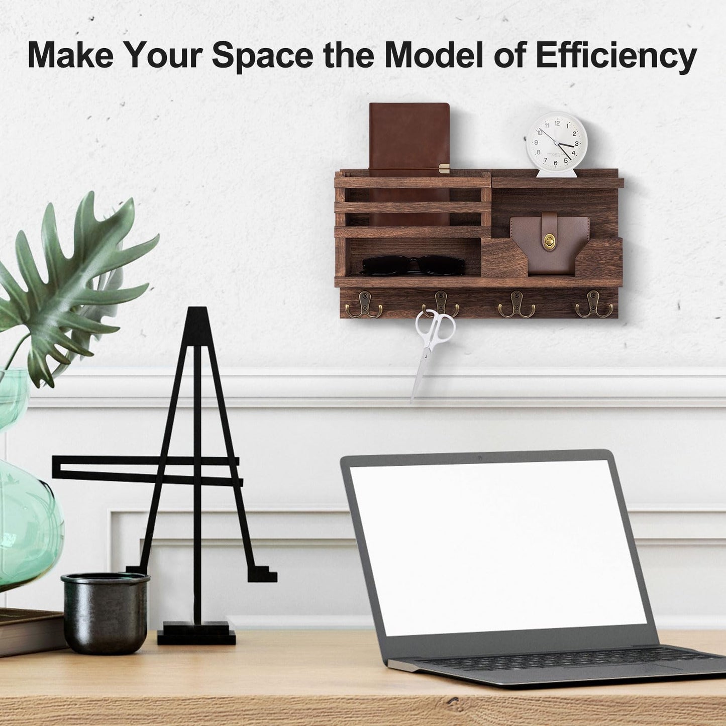 Lwenki Mail and Key Holder for Wall – Decorative 15.9” x 8.7” x 3.2” Entryway Organizer with Shelf – Paulownia Wood with 4 Dual Hooks Includes Mounting Hardware and Installation Guide