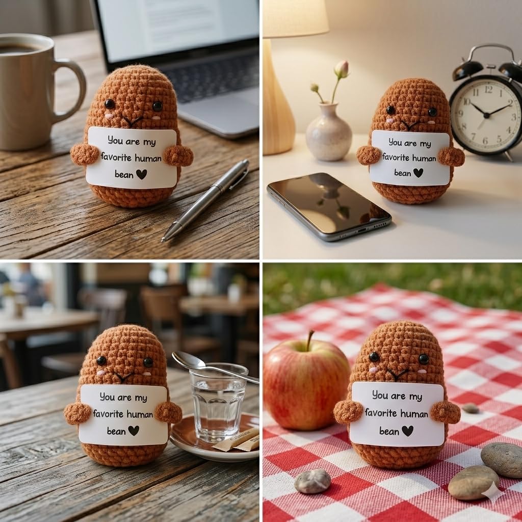 Funny Emotional Support Ornament, Creative Gift Handmade, Crochet Positive Bean Plush Doll with Motivational Message Card, Soft Yarn, 3x1.89 Inch, Desk Companion,Cute Doll,Positive Bean