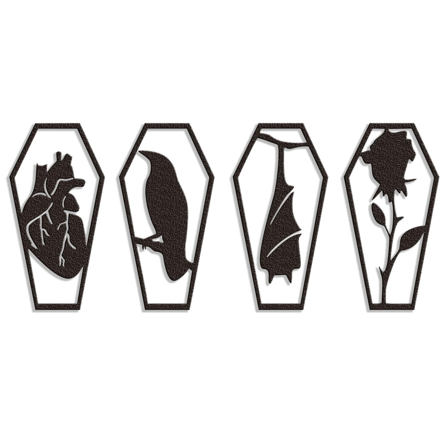 YATEASLU Gothic Coffin Wall Decor Set of 4 Metal Heart, Crow, Bat, Rose Sculptures for Gothic Home Decor, Bathroom, Kitchen, Office - Spooky Halloween Wall Decor with Screws