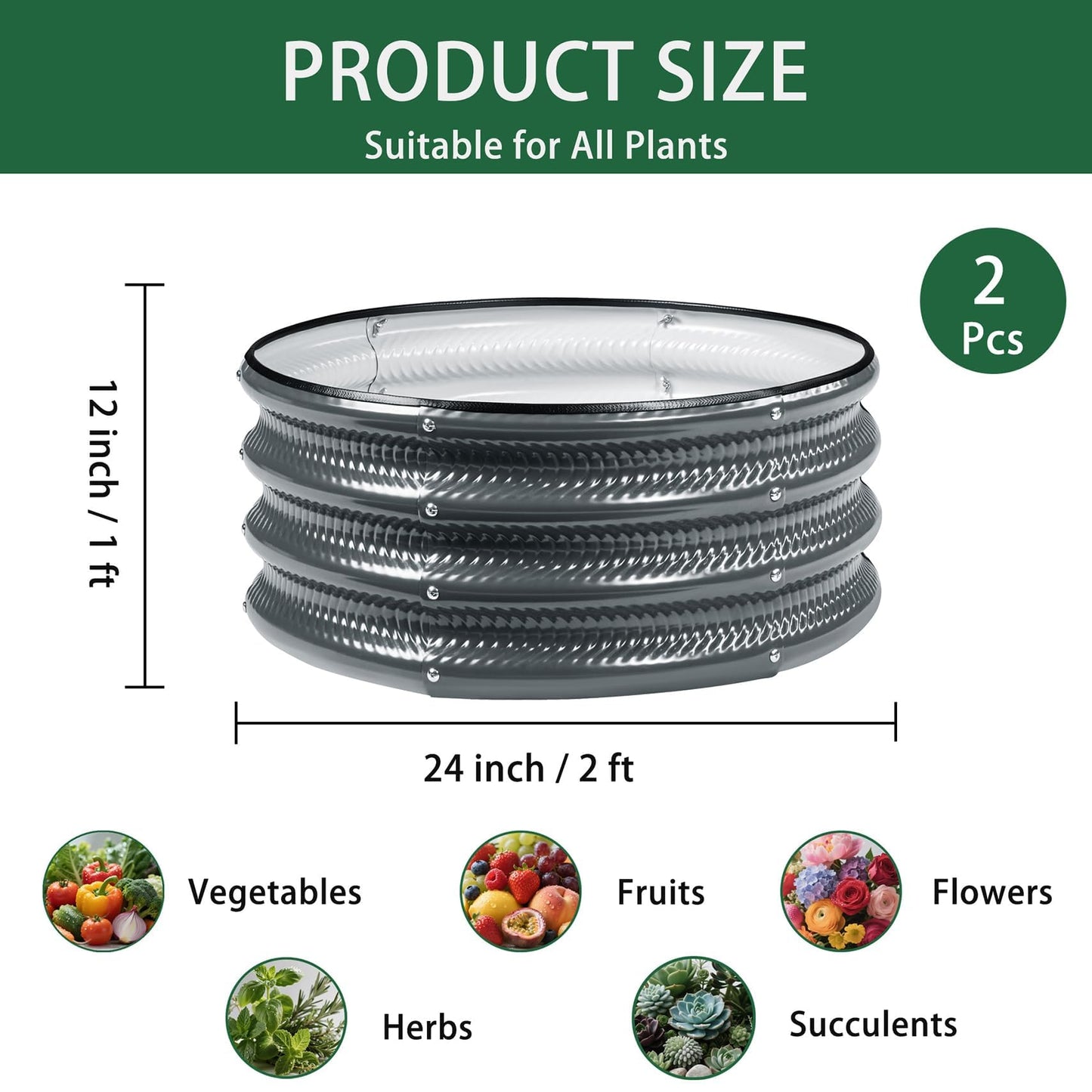 Gartist 2 pcs 2×2×1 ft Round Metal Raised Garden Bed, Light Green Galvanized Outdoor Planter Box for Vegetables, Fruits, Flowers & Herbs