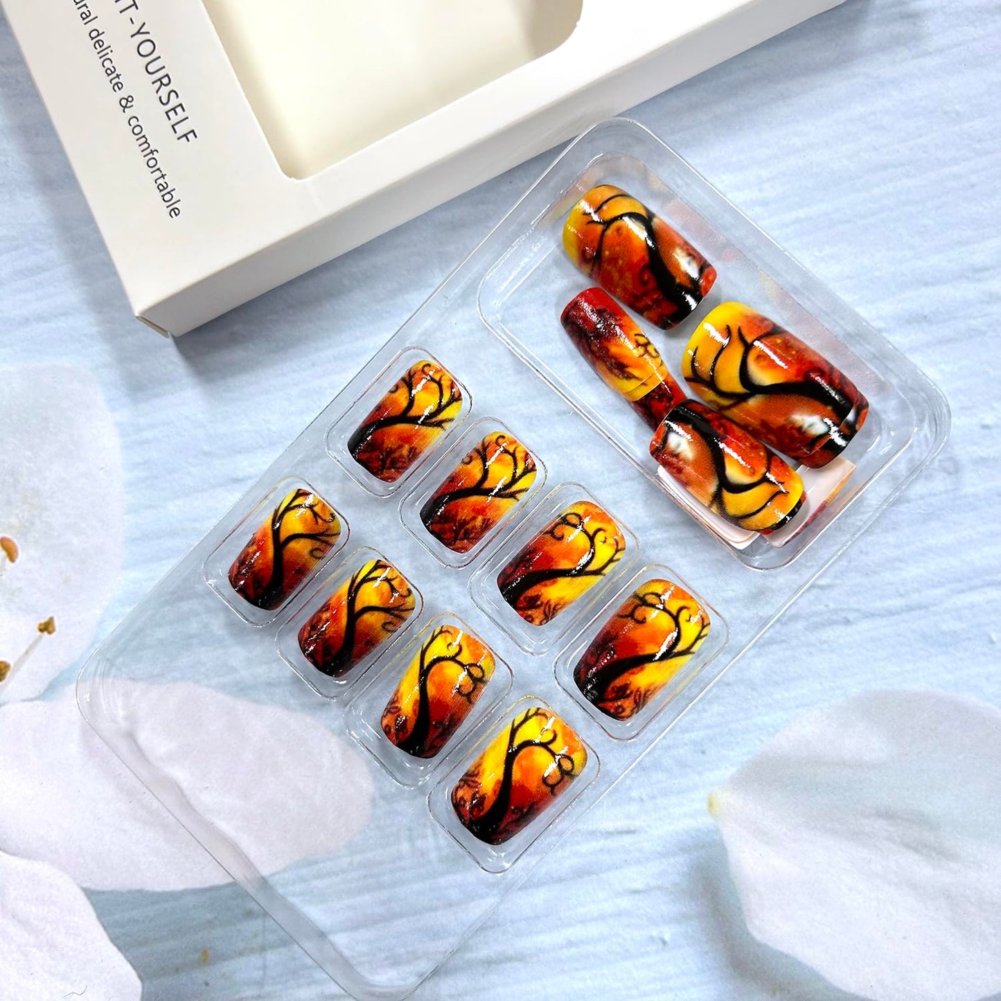 CJDLTS Press on Nails Medium Black Forest Design Orange Square False Nails Glitter Artificial Full Cover Acrylic Coffin Reusable Glue on DIY Stick on for Women 24Pcs
