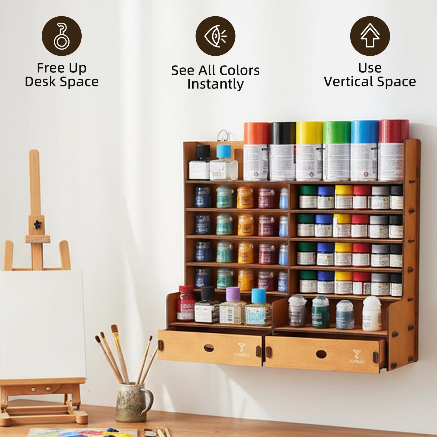 T TOGUSH Miniature Paint Rack, 6-Tier Wall Mount Paints Organizer with 2 Drawers for Model Craft Miniatures, Tools Brushes, Spray Cans for Paint Holder Storage