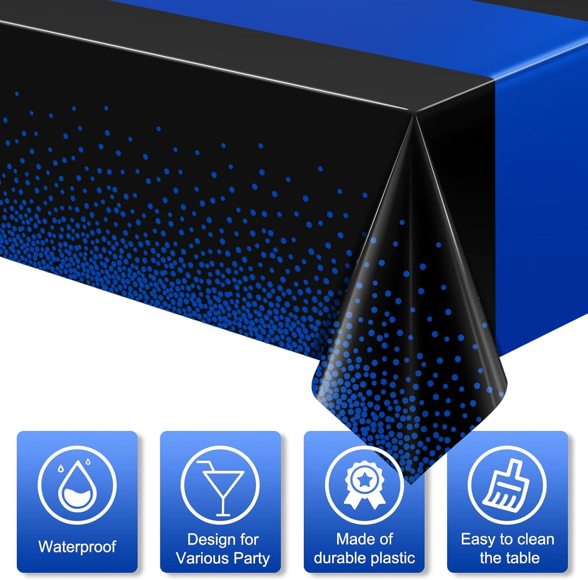 MASHAN 6Pcs Black and Blue Tablecloth Party Decorations,Plastic Black Table Cloth Printed Blue Runner Disposable Rectangle Table Cover for Birthday Wedding Anniversary Graduation Party,54 x108 Inch