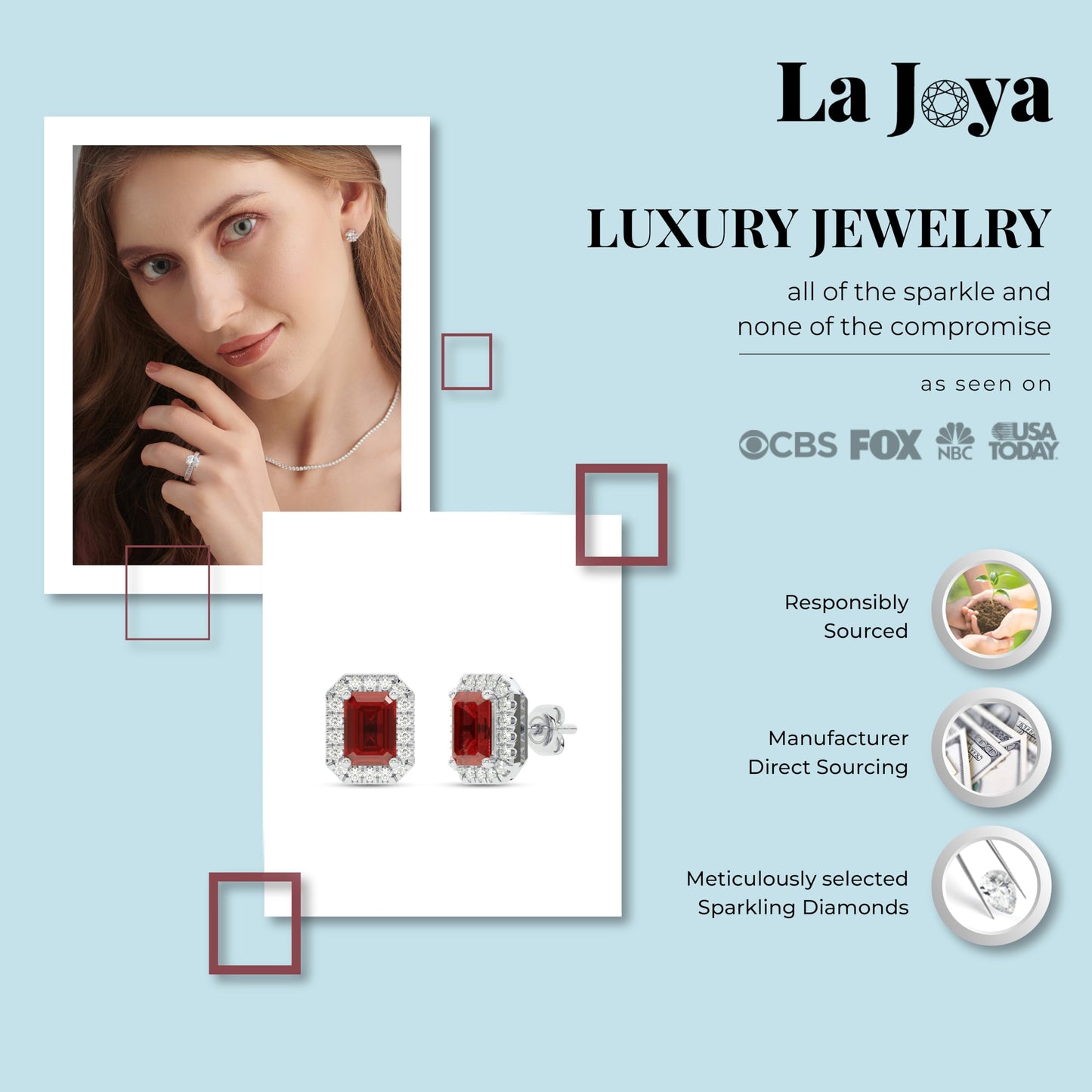 10K Ruby White Gold Diamond Stud Earrings | 1/4 CTTW Lab Grown Diamond and 1 1/2 CTTW Emerald Cut Red Ruby Studs | Ideal Birthstone Jewelry Gifts
