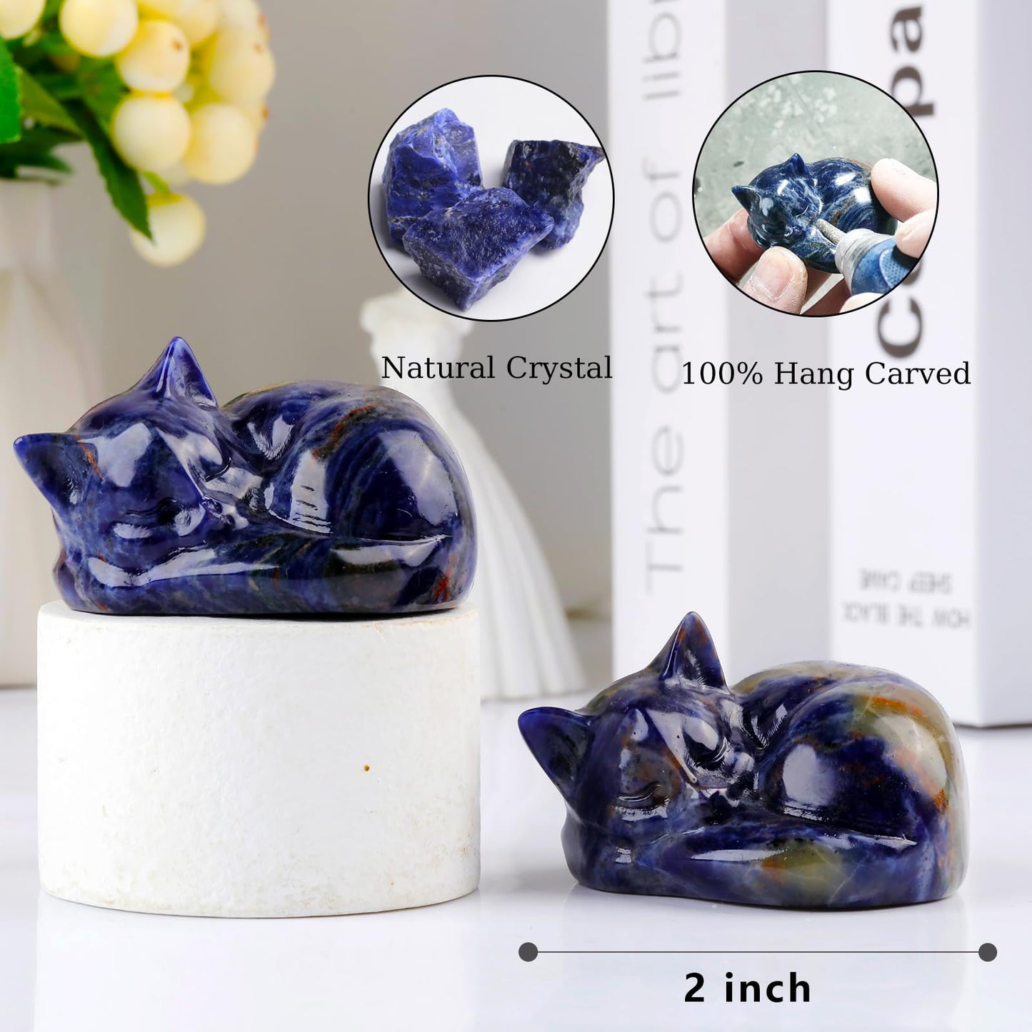 Ytbeoxk 2 Inch Blue Sodalite Cat Crystal Statue, Healing Crystal Cat Decorations,Polished Hand Carved Obsidian Lucky Cute Kitten Figurines, Blue Cat Gift Home Office Desk Decor for Cat Lovers