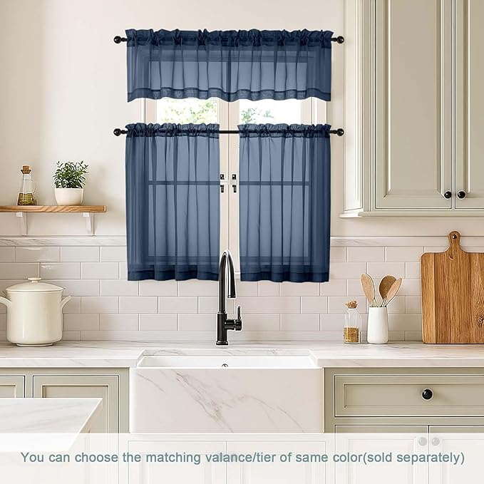 Navy Blue Valances for Windows 14 inch Length 2 Panels, Small Voile Sheer Curtains for Bathroom, Soft Fabric Lightweight Light Filtering Kitchen Curtains, Dual Rod Pocket, 2x42Wx14L Inches