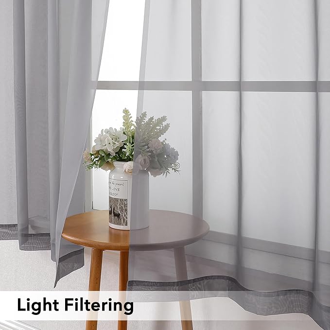 Simplebrand Grey Short Sheer Curtains 45 Inch Length for Small Windows, Rod Pocket 2 Panels Set Solid Voile Drapes Window Sheer Curtains for Bedroom Bathroom Kids Room Kitchen, 42x45 Inch, Gray